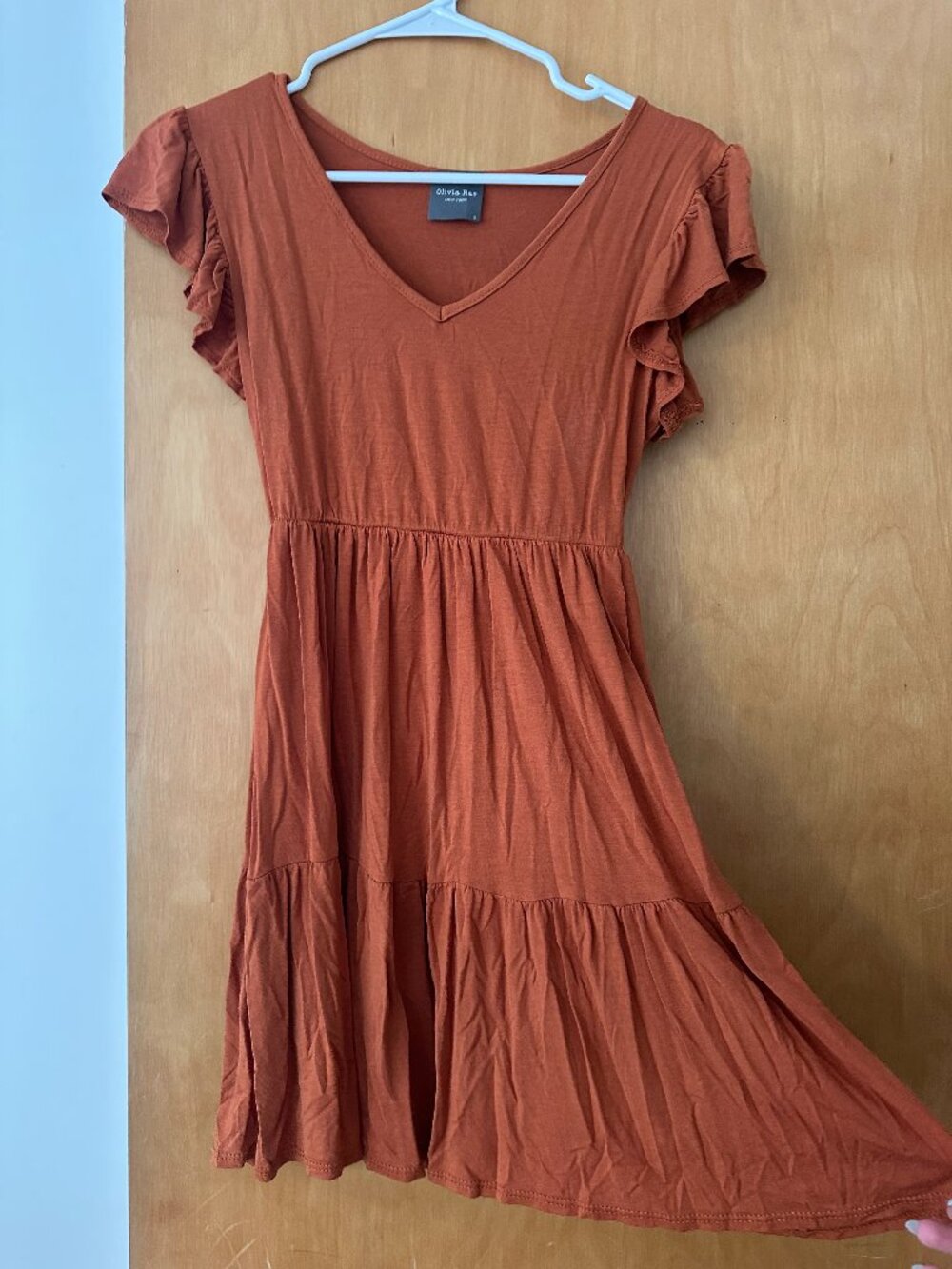 Olivia Rae Rust Tiered Mini Dress Ruffle Sleeve V-Neck Size Small
